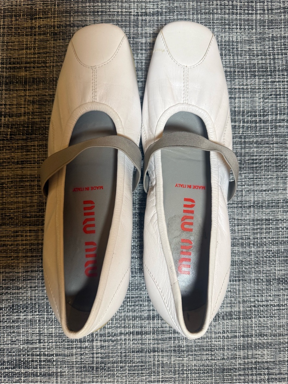 Miu Miu White Leather Mary Jane Flats with Gray Strap